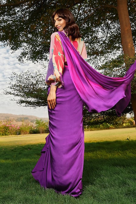 Shop Babita Malkani Purple Satin Iris Solid Pre-draped Saree at Aza Fashions Shop_Babita Malkani_Purple Satin Iris Solid Pre-draped Saree _at_Aza_Fashions