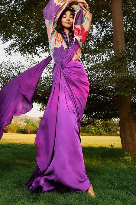 Babita Malkani Purple Satin Iris Solid Pre-draped Saree Online at Aza Fashions Babita Malkani_Purple Satin Iris Solid Pre-draped Saree _Online_at_Aza_Fashions