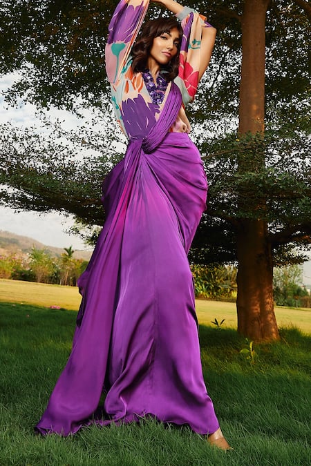Buy Babita Malkani Purple Satin Iris Solid Pre-draped Saree Online at Aza Fashions Buy_Babita Malkani_Purple Satin Iris Solid Pre-draped Saree _Online_at_Aza_Fashions
