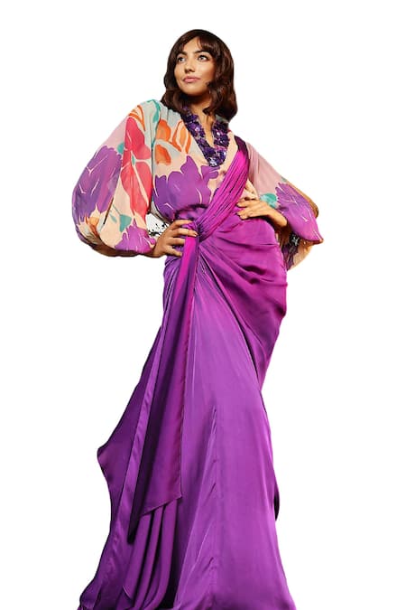 Shop Babita Malkani Purple Satin Iris Solid Pre-draped Saree Online at Aza Fashions Shop_Babita Malkani_Purple Satin Iris Solid Pre-draped Saree _Online_at_Aza_Fashions