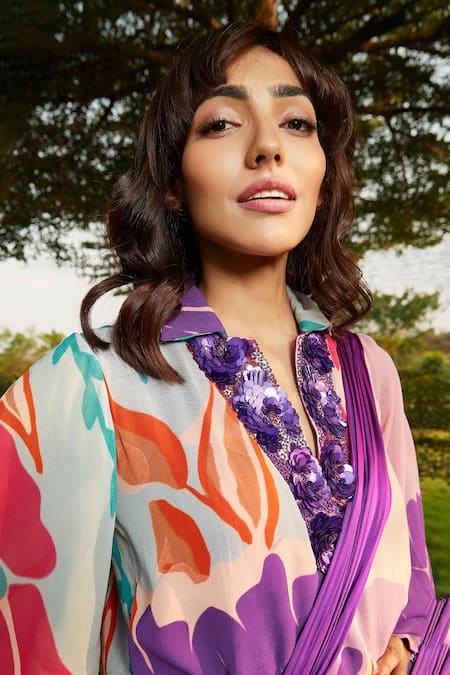 Babita Malkani Purple Satin Iris Solid Pre-draped Saree at Aza Fashions Babita Malkani_Purple Satin Iris Solid Pre-draped Saree _at_Aza_Fashions