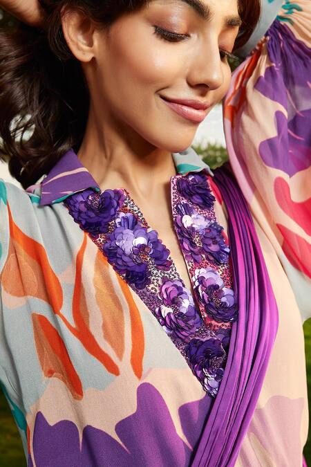 Buy Babita Malkani Purple Satin Iris Solid Pre-draped Saree Buy_Babita Malkani_Purple Satin Iris Solid Pre-draped Saree