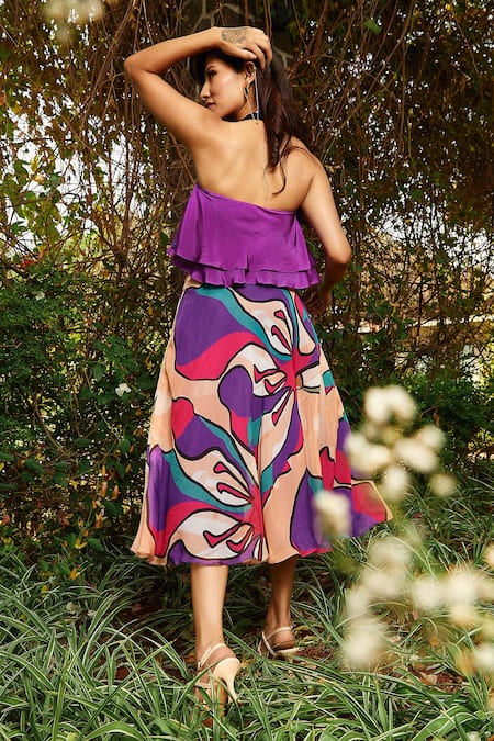 Babita Malkani_Purple Silk Sequins, Beads Halter Neck Embroidered Layered Crop Top _Online_at_Aza_Fashions