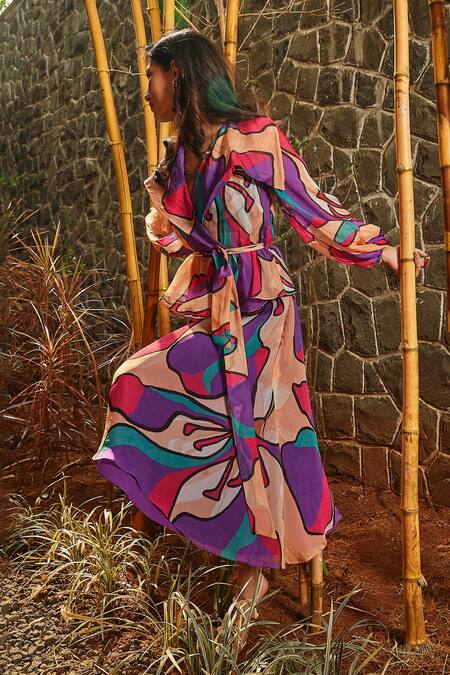 Babita Malkani Peach Organza Collared Floral Print Overlapped Top With Sash Online at Aza Fashions Babita Malkani_Peach Organza Collared Floral Print Overlapped Top With Sash _Online_at_Aza_Fashions