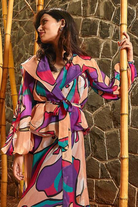 Buy Babita Malkani Peach Organza Collared Floral Print Overlapped Top With Sash Online at Aza Fashions Buy_Babita Malkani_Peach Organza Collared Floral Print Overlapped Top With Sash _Online_at_Aza_Fashions