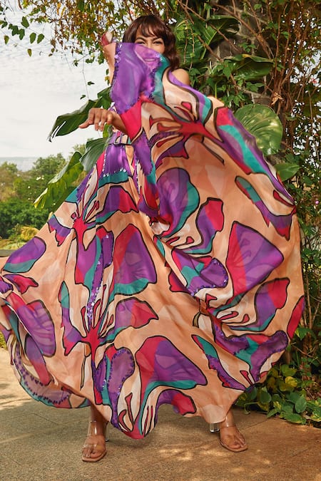 Babita Malkani Peach Organza, Georgette Sequins, Embroidery Floral Print Maxi Dress With Belt at Aza Fashions Babita Malkani_Peach Organza, Georgette Sequins, Embroidery Floral Print Maxi Dress With Belt _at_Aza_Fashions