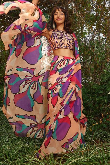 Buy Babita Malkani Peach Georgette Floral Print Asymmetric Draped Skirt Online at Aza Fashions Buy_Babita Malkani_Peach Georgette Floral Print Asymmetric Draped Skirt _Online_at_Aza_Fashions