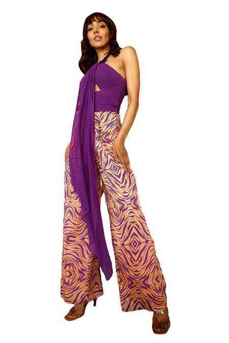 Buy Babita Malkani Purple Silk, Georgette Sequins Halter Neck Abstract Print Sleeveless Jumpsuit Online at Aza Fashions Buy_Babita Malkani_Purple Silk, Georgette Sequins Halter Neck Abstract Print Sleeveless Jumpsuit _Online_at_Aza_Fashions