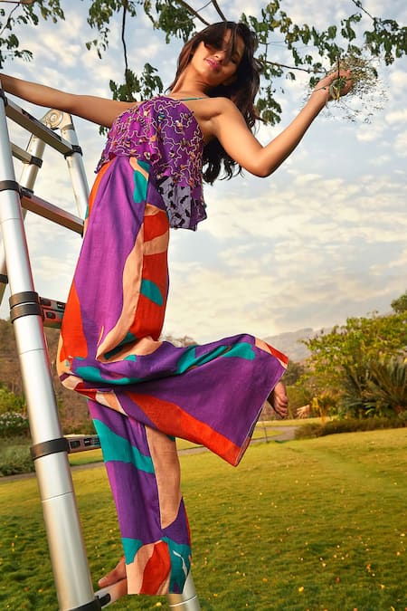 Buy_Babita Malkani_Purple Silk, Organza Embroidery, Sequins Square Neck Floral Print Jumpsuit _Online_at_Aza_Fashions