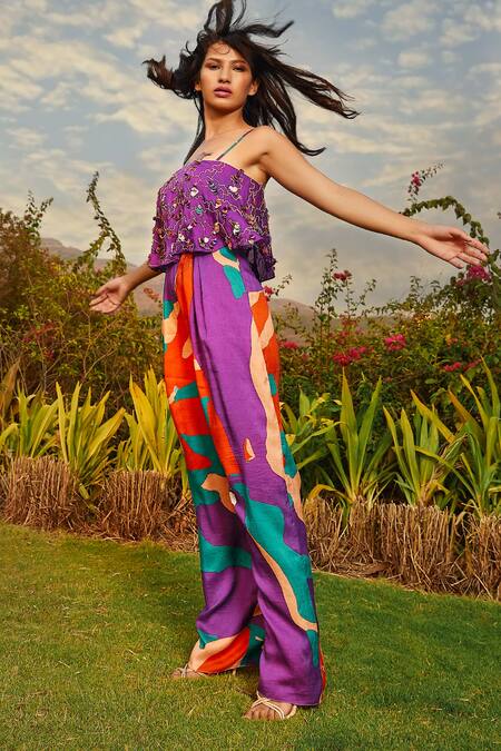 Shop_Babita Malkani_Purple Silk, Organza Embroidery, Sequins Square Neck Floral Print Jumpsuit _Online_at_Aza_Fashions