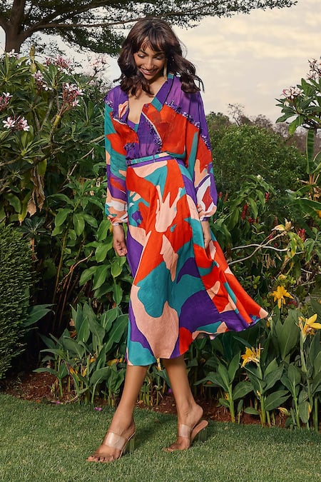 Buy Babita Malkani Red Silk, Organza Embroidery, Sequins Collared Floral Print Shirt With Bralette Online at Aza Fashions Buy_Babita Malkani_Red Silk, Organza Embroidery, Sequins Collared Floral Print Shirt With Bralette _Online_at_Aza_Fashions