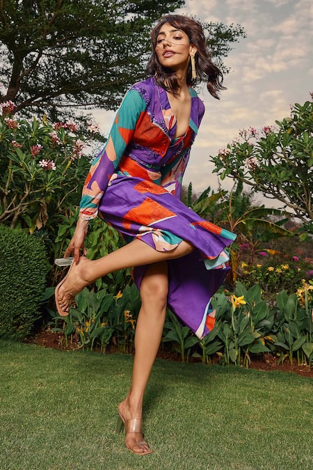 Shop Babita Malkani Red Silk, Organza Embroidery, Sequins Collared Floral Print Shirt With Bralette Online at Aza Fashions Shop_Babita Malkani_Red Silk, Organza Embroidery, Sequins Collared Floral Print Shirt With Bralette _Online_at_Aza_Fashions