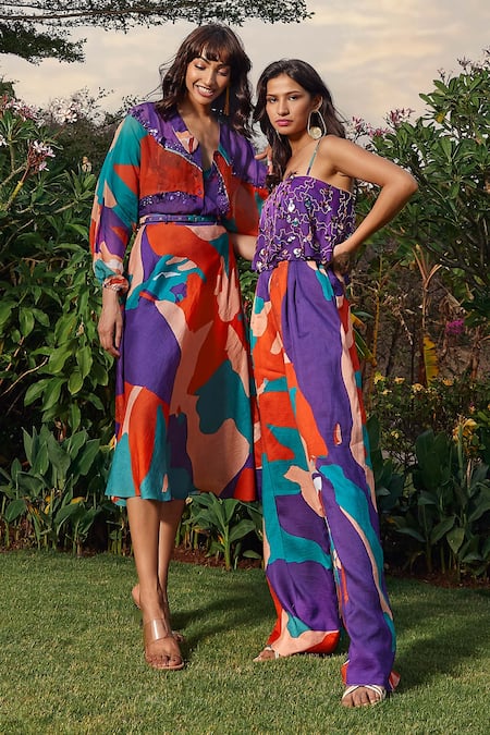 Babita Malkani Red Silk, Organza Embroidery, Sequins Collared Floral Print Shirt With Bralette at Aza Fashions Babita Malkani_Red Silk, Organza Embroidery, Sequins Collared Floral Print Shirt With Bralette _at_Aza_Fashions