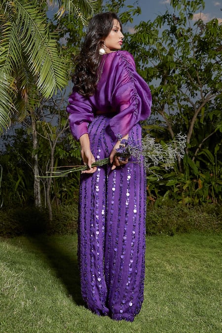 Babita Malkani_Purple Organza, Satin Round Neck Solid Top With Bralette _Online_at_Aza_Fashions