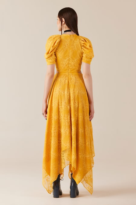 Shop Therealb Yellow Viscose Lace Embroidered Floral Round Dress at Aza Fashions Shop_Therealb_Yellow Viscose Lace Embroidered Floral Round Dress _at_Aza_Fashions