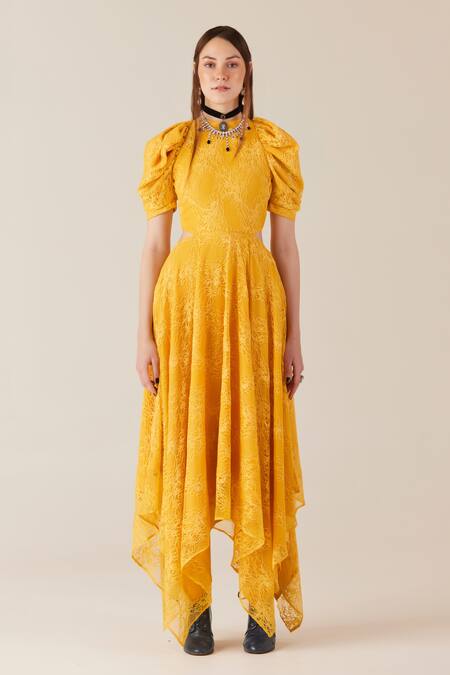 Therealb Yellow Viscose Lace Embroidered Floral Round Dress Online at Aza Fashions Therealb_Yellow Viscose Lace Embroidered Floral Round Dress _Online_at_Aza_Fashions