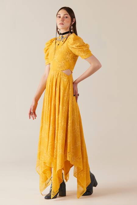 Buy Therealb Yellow Viscose Lace Embroidered Floral Round Dress Online at Aza Fashions Buy_Therealb_Yellow Viscose Lace Embroidered Floral Round Dress _Online_at_Aza_Fashions