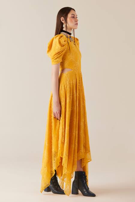 Shop Therealb Yellow Viscose Lace Embroidered Floral Round Dress Online at Aza Fashions Shop_Therealb_Yellow Viscose Lace Embroidered Floral Round Dress _Online_at_Aza_Fashions
