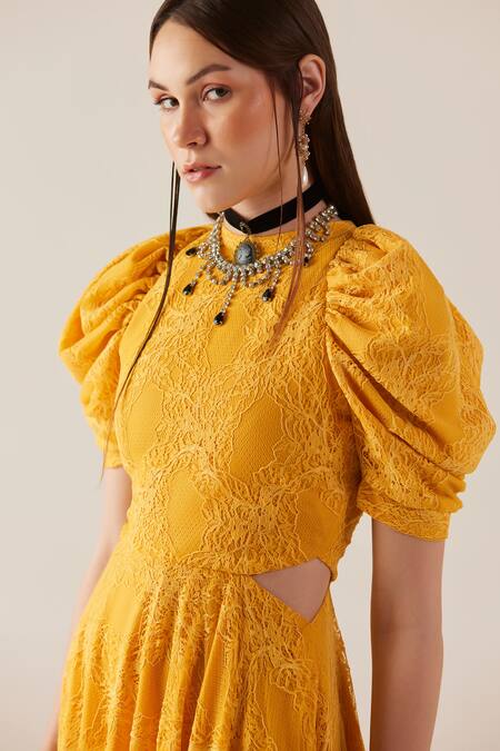 Therealb Yellow Viscose Lace Embroidered Floral Round Dress at Aza Fashions Therealb_Yellow Viscose Lace Embroidered Floral Round Dress _at_Aza_Fashions