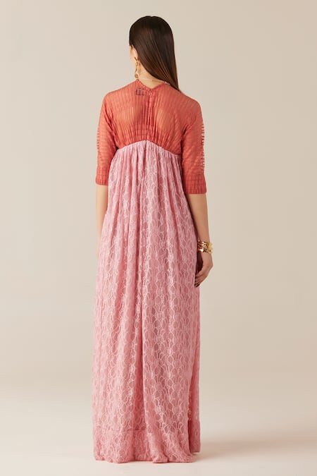 Shop Therealb Peach Viscose Lace Embroidered Floral Round A-line Dress at Aza Fashions Shop_Therealb_Peach Viscose Lace Embroidered Floral Round A-line Dress _at_Aza_Fashions