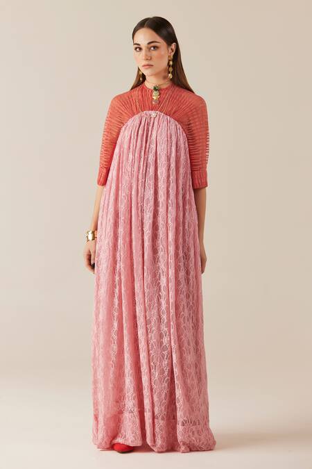 Shop Therealb Peach Viscose Lace Embroidered Floral Round A-line Dress Online at Aza Fashions Shop_Therealb_Peach Viscose Lace Embroidered Floral Round A-line Dress _Online_at_Aza_Fashions