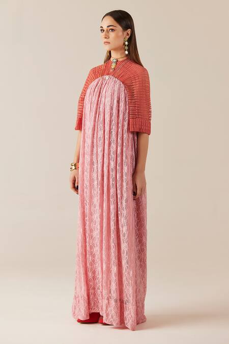 Therealb Peach Viscose Lace Embroidered Floral Round A-line Dress at Aza Fashions Therealb_Peach Viscose Lace Embroidered Floral Round A-line Dress _at_Aza_Fashions