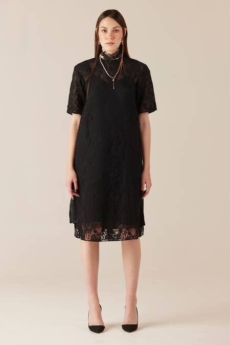 Therealb_Black Viscose Lace Embroidered Floral Dress Round Midi With Slip _Online_at_Aza_Fashions