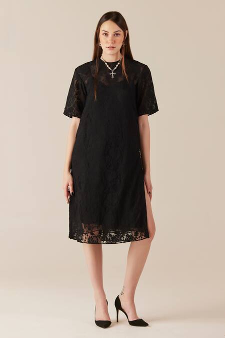 Buy_Therealb_Black Viscose Lace Embroidered Floral Dress Round Midi With Slip _Online_at_Aza_Fashions