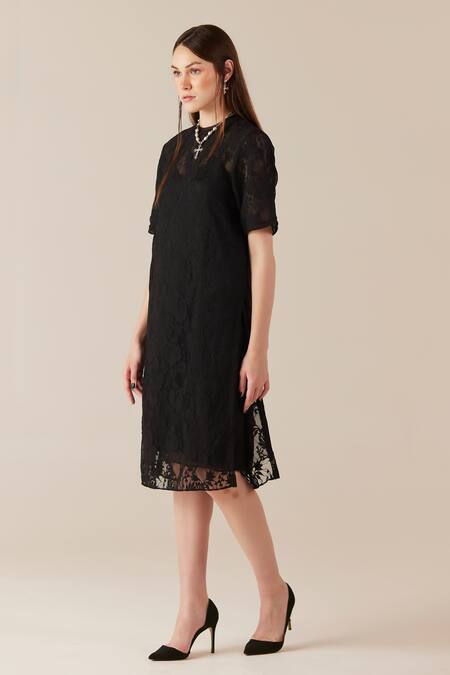 Shop_Therealb_Black Viscose Lace Embroidered Floral Dress Round Midi With Slip _Online_at_Aza_Fashions