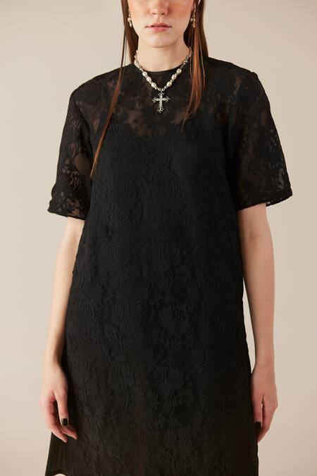 Therealb_Black Viscose Lace Embroidered Floral Dress Round Midi With Slip _at_Aza_Fashions