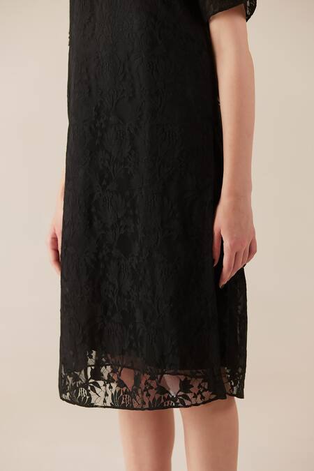 Buy_Therealb_Black Viscose Lace Embroidered Floral Dress Round Midi With Slip 