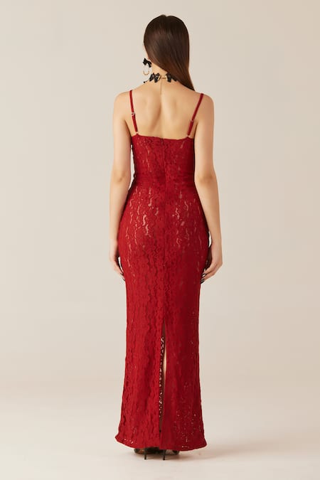 Shop_Therealb_Red Viscose, Lace Embroidery Sweetheart Neck Floral Fishtail Dress _at_Aza_Fashions