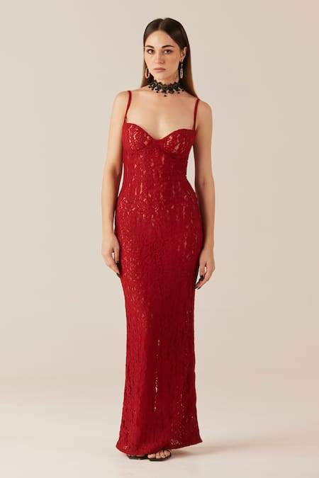 Therealb_Red Viscose, Lace Embroidery Sweetheart Neck Floral Fishtail Dress _Online_at_Aza_Fashions