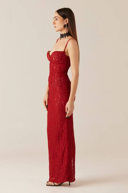 Buy_Therealb_Red Viscose, Lace Embroidery Sweetheart Neck Floral Fishtail Dress _Online_at_Aza_Fashions