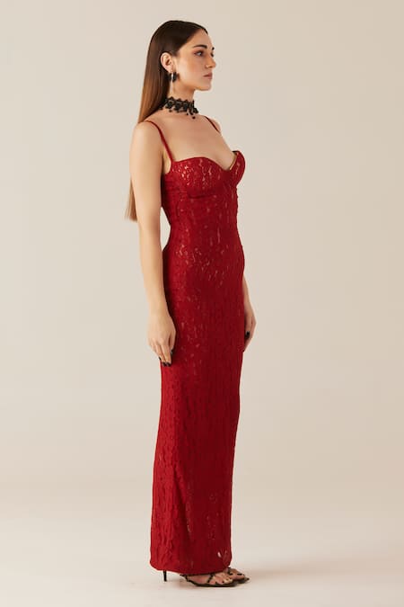 Shop_Therealb_Red Viscose, Lace Embroidery Sweetheart Neck Floral Fishtail Dress _Online_at_Aza_Fashions