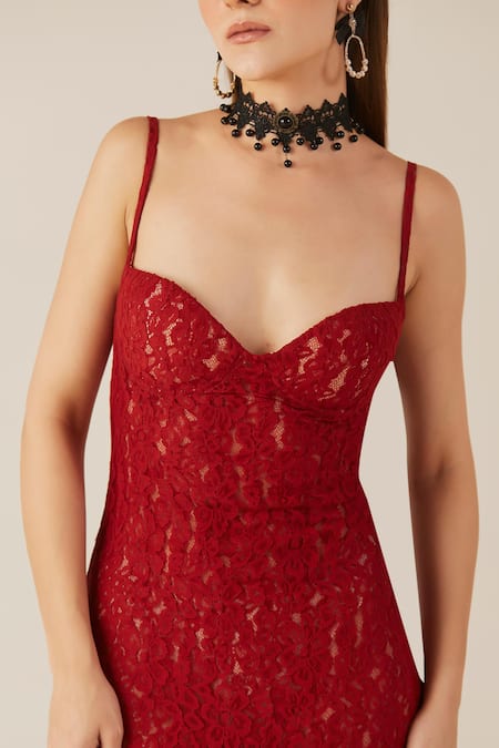 Therealb_Red Viscose, Lace Embroidery Sweetheart Neck Floral Fishtail Dress _at_Aza_Fashions