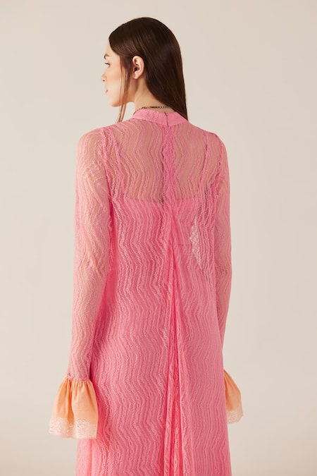 Shop Therealb Pink Viscose Lace Embroidered Floral High Collar Maxi Dress at Aza Fashions Shop_Therealb_Pink Viscose Lace Embroidered Floral High Collar Maxi Dress _at_Aza_Fashions