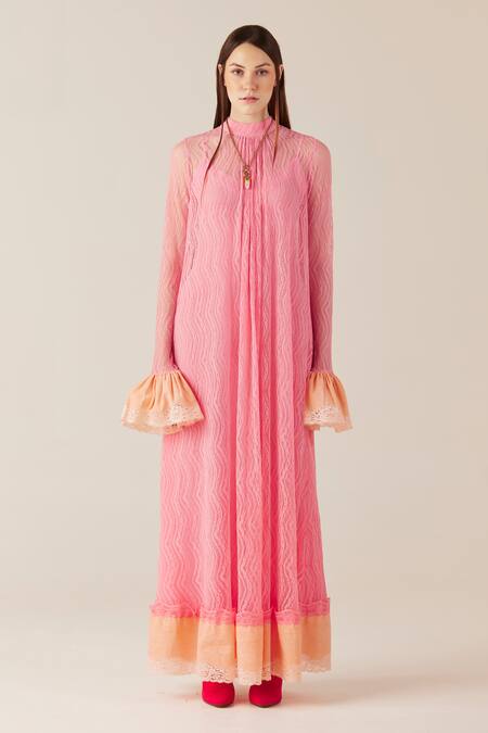 Therealb Pink Viscose Lace Embroidered Floral High Collar Maxi Dress Online at Aza Fashions Therealb_Pink Viscose Lace Embroidered Floral High Collar Maxi Dress _Online_at_Aza_Fashions