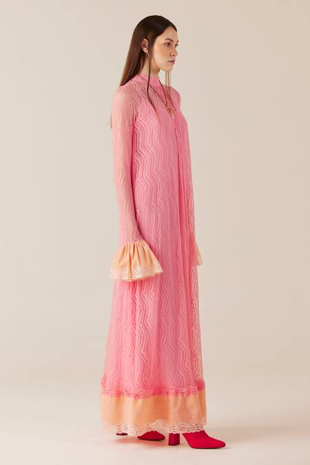 Buy Therealb Pink Viscose Lace Embroidered Floral High Collar Maxi Dress Online at Aza Fashions Buy_Therealb_Pink Viscose Lace Embroidered Floral High Collar Maxi Dress _Online_at_Aza_Fashions