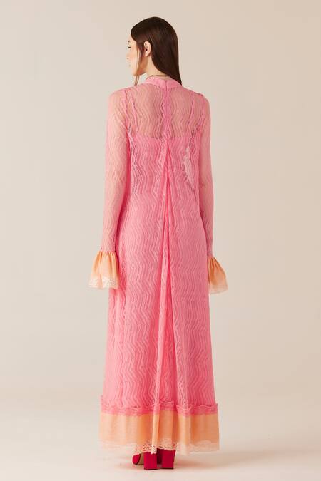 Shop Therealb Pink Viscose Lace Embroidered Floral High Collar Maxi Dress Online at Aza Fashions Shop_Therealb_Pink Viscose Lace Embroidered Floral High Collar Maxi Dress _Online_at_Aza_Fashions