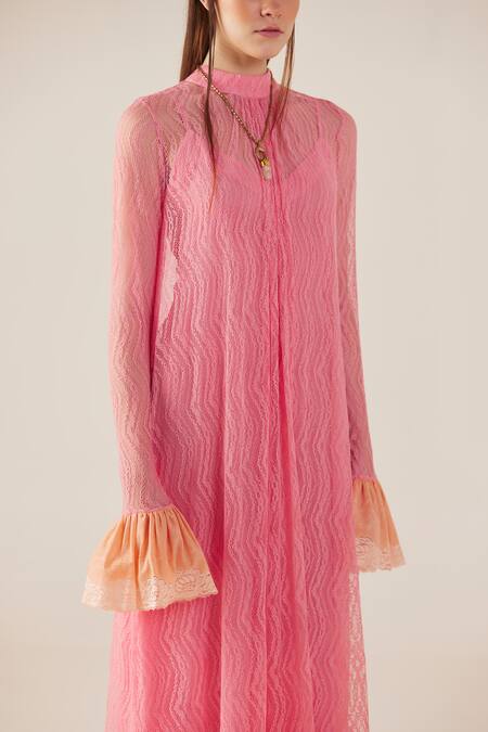 Therealb Pink Viscose Lace Embroidered Floral High Collar Maxi Dress at Aza Fashions Therealb_Pink Viscose Lace Embroidered Floral High Collar Maxi Dress _at_Aza_Fashions