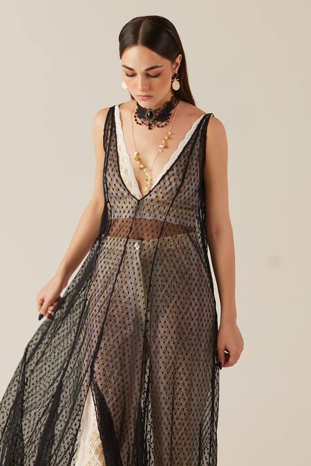 Therealb Black Viscose Lace Embroidered Polka Dots Deep V Neck Print Tunic Pant Set Online at Aza Fashions Therealb_Black Viscose Lace Embroidered Polka Dots Deep V Neck Print Tunic Pant Set _Online_at_Aza_Fashions