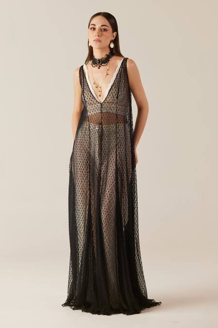 Buy Therealb Black Viscose Lace Embroidered Polka Dots Deep V Neck Print Tunic Pant Set Online at Aza Fashions Buy_Therealb_Black Viscose Lace Embroidered Polka Dots Deep V Neck Print Tunic Pant Set _Online_at_Aza_Fashions