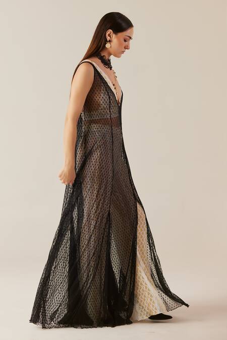 Shop Therealb Black Viscose Lace Embroidered Polka Dots Deep V Neck Print Tunic Pant Set Online at Aza Fashions Shop_Therealb_Black Viscose Lace Embroidered Polka Dots Deep V Neck Print Tunic Pant Set _Online_at_Aza_Fashions