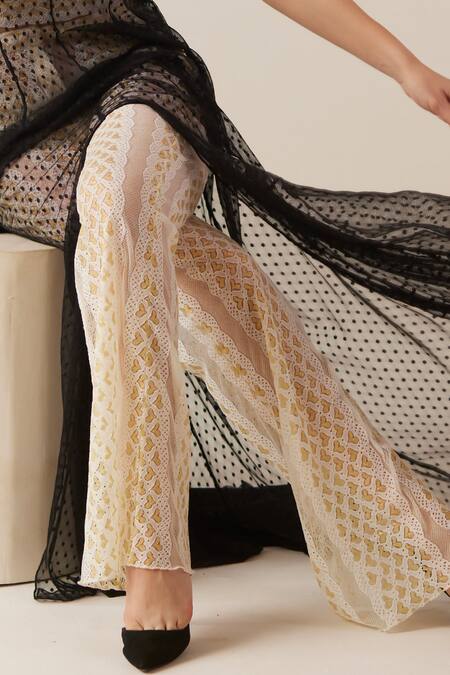 Buy Therealb Black Viscose Lace Embroidered Polka Dots Deep V Neck Print Tunic Pant Set Buy_Therealb_Black Viscose Lace Embroidered Polka Dots Deep V Neck Print Tunic Pant Set