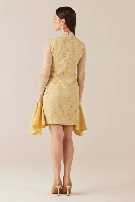 Shop Therealb Gold Viscose, Lace Embroidery High Neck Floral Short Dress at Aza Fashions Shop_Therealb_Gold Viscose, Lace Embroidery High Neck Floral Short Dress _at_Aza_Fashions