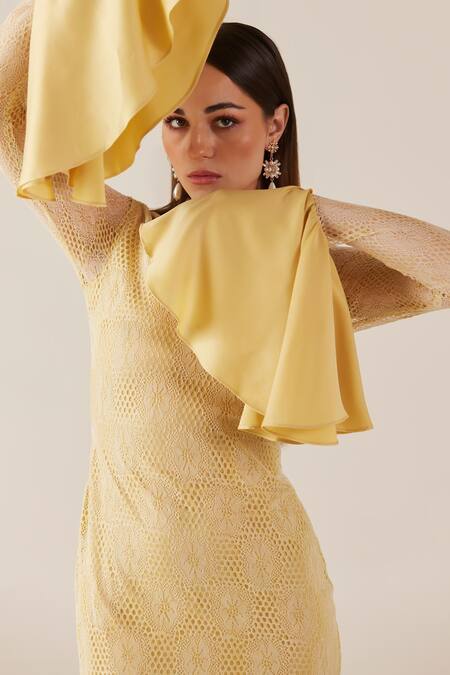 Therealb Gold Viscose, Lace Embroidery High Neck Floral Short Dress at Aza Fashions Therealb_Gold Viscose, Lace Embroidery High Neck Floral Short Dress _at_Aza_Fashions