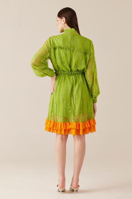 Shop Therealb Green Viscose Lace Embroidered Floral High Collar Ruffled Dress at Aza Fashions Shop_Therealb_Green Viscose Lace Embroidered Floral High Collar Ruffled Dress _at_Aza_Fashions