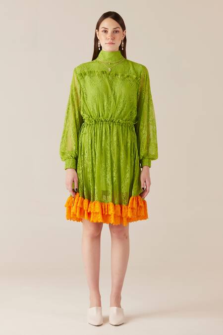 Therealb Green Viscose Lace Embroidered Floral High Collar Ruffled Dress Online at Aza Fashions Therealb_Green Viscose Lace Embroidered Floral High Collar Ruffled Dress _Online_at_Aza_Fashions