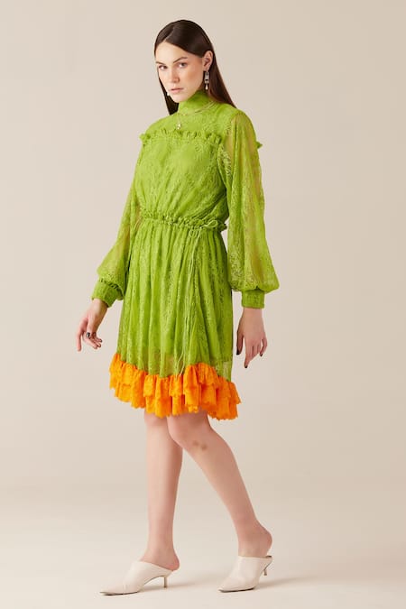 Buy Therealb Green Viscose Lace Embroidered Floral High Collar Ruffled Dress Online at Aza Fashions Buy_Therealb_Green Viscose Lace Embroidered Floral High Collar Ruffled Dress _Online_at_Aza_Fashions